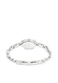 Armband aus silberfarbenem Metall mit ovalen und runden Gliedern, einem runden Kristallakzent und eingraviertem Markenlogo am Verschluss.