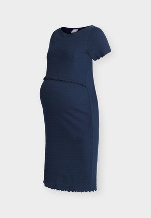 Tengerészkék, texturált kismamaruha rövid ujjakkal, kerek nyakkivágással és fodros varrással a mell alatt.