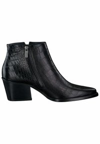 Bottine noire à cheville avec talon bloc, bout pointu, fermeture éclair latérale et motif en cuir texturé crocodile.