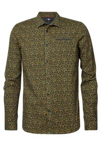 Donkergroene katoenen blouse met lange mouwen, voorzien van een oranje en gele geometrische print. De blouse heeft een knoopsluiting aan de voorkant, een kraag en een enkele borstzak.