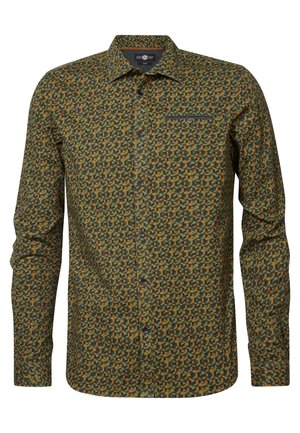 Cămașă cu mânecă lungă din bumbac verde închis, cu un model geometric portocaliu și galben, cu nasturi pe față, guler și un singur buzunar la piept.