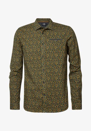 Langarmhemd aus dunkelgrüner Baumwolle mit orangefarbenem und gelbem geometrischem Muster, durch Knöpfe zu schließen, mit Kragen und einer einzelnen Brusttasche.