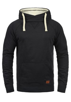 Black hoodie with a drawstring hood, a front pocket, ribbed cuffs, and hem. Features a textured finish and a small leather label on the front.