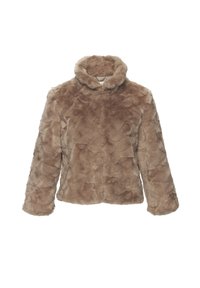 Rjava jakna iz umetnega krzna z visokim ovratnikom, teksturiranim vzorcem, dolgimi rokavi in sprednjim zapiranjem. Mehka, puhasta materiala brez vidnih kovinskih delov.