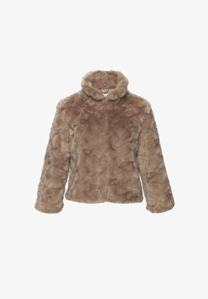 Brūns mākslīgās ādas mētelis ar augstu apkakli, teksturētu rakstu, garām piedurknēm un priekšējo aizdari. Mīksts, plīša materiāls bez redzamām detaļām.