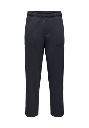 Pantalon noir à taille élastique avec jambes droites et poches plaquées à l'avant, présenté sur fond blanc.