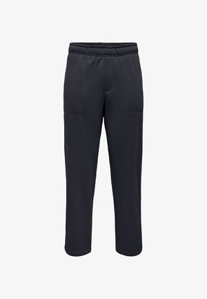 Pantalon noir à taille élastique avec jambes droites et poches plaquées à l'avant, présenté sur fond blanc.