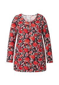 Maglietta a maniche lunghe con un motivo floreale in rosso, bianco e nero. Collo rotondo e vestibilità rilassata, realizzata in un tessuto morbido e leggero.