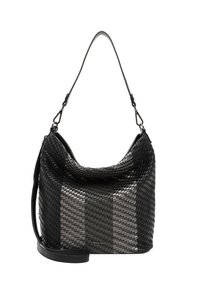 Borsa a spalla in pelle intrecciata nera e grigia scura con tracolla staccabile e una forma leggermente sfilata.