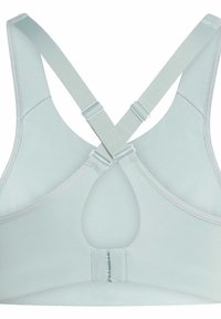 Jasnoniebieski sportowy stanik z krzyżującymi się z tyłu ramiączkami, miękką tkaniną, regulowanym zapięciem oraz wycięciem w kształcie otworu z tyłu dla lepszej wentylacji.