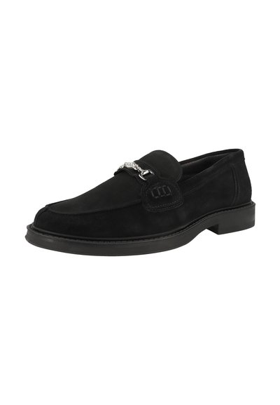 Svart mocka slip-on sko med rund tå, platt sula och dekorativt hårdvaruackent på framsidan. Enkel design med minimala sömdetaljer.