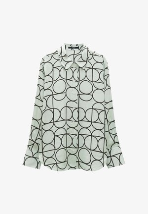 Lichtgroen shirt met een zwart rond patroon, button-down voorkant, kraag en lange mouwen met manchetten. Gemaakt van een gladde stof.