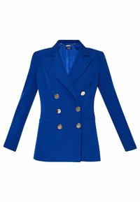 Niebieska dwurzędowa marynarka z długimi rękawami, złotymi guzikami, klapami z wycięciem i gładką fakturą. Dopasowany fason z dwoma bocznymi kieszeniami.