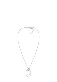 Sølv halskæde med dobbelt sammenflettet oval pendants, glat tekstur med en subtil glans og en delikat kæde med forlængelsesled.