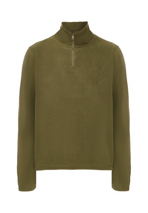 Pullover in pile verde oliva, dotato di un colletto alto con zip, maniche lunghe e un aspetto morbido e strutturato. Nessun motivo o decorazioni in metallo.