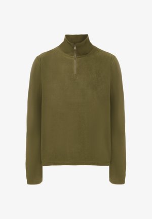 Olivengrøn fleece-pullover, har en høj krave med lynlås, lange ærmer og et blødt, tekstureret udseende. Ingen mønstre eller hardwaredetaljer.