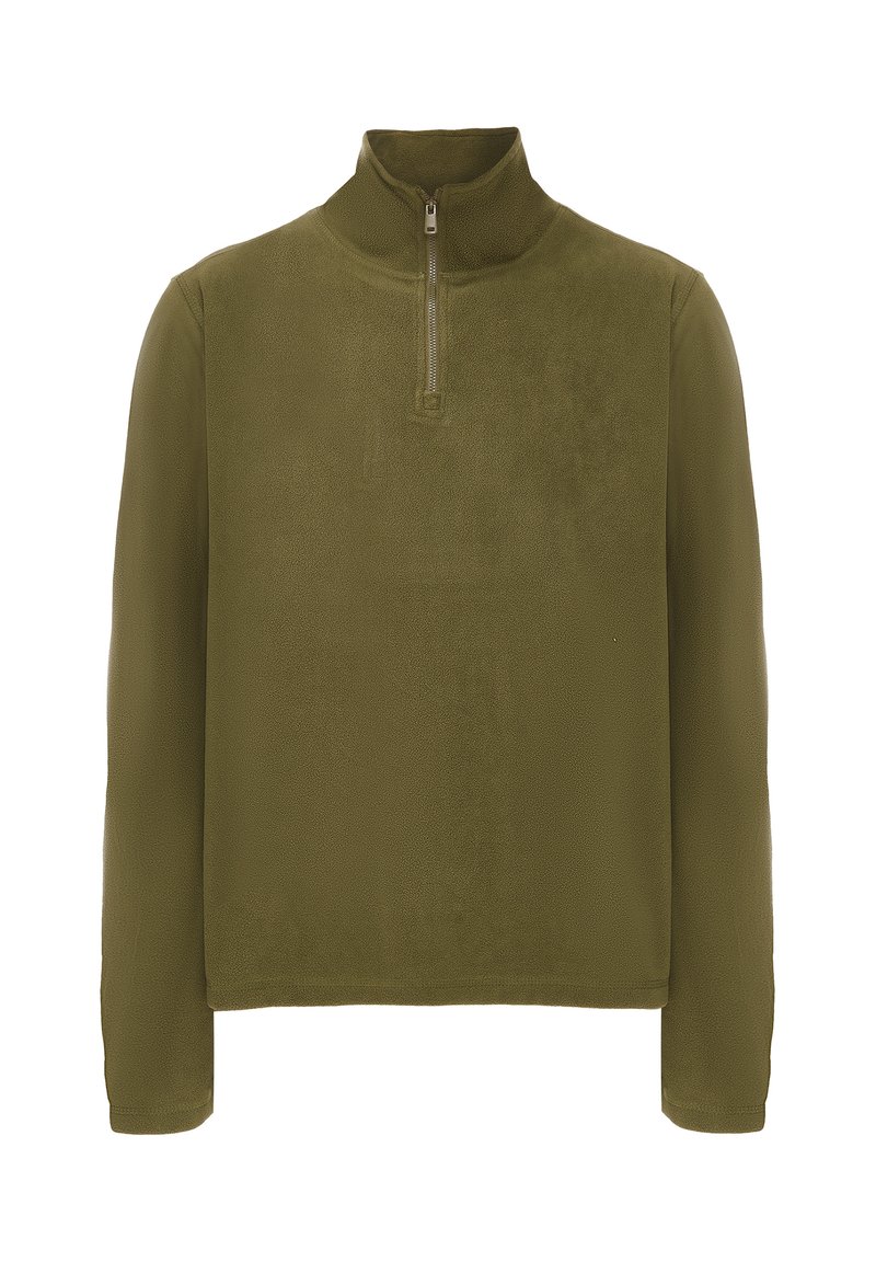 Olivengrøn fleece-pullover, har en høj krave med lynlås, lange ærmer og et blødt, tekstureret udseende. Ingen mønstre eller hardwaredetaljer.