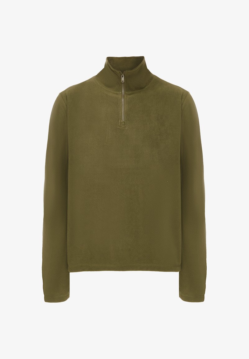 Olivgrüner Fleece-Pullover mit hohem Kragen und Reißverschluss, langen Ärmeln und einer weichen, strukturierten Oberfläche. Keine Muster oder metallischen Akzente.