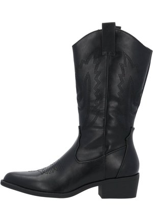 Black leather cowboy boot with stitched detailing, pointed toe, and block heel. Features a pull tab at the back and smooth texture.