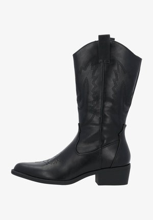 Stivale da cowboy in pelle nera con dettagli cuciti, punta appuntita e tacco a blocco. Presenta un'etichetta per il sollevamento sul retro e una finitura liscia.