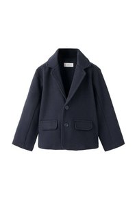 Sacou bleumarin din fleece cu guler cu rever, două buzunare frontale și doi nasturi. Textură netedă, croială ajustată și formă ușor structurată.