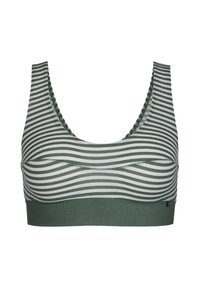 Randig bralette med grön botten och vita horisontella ränder, med rundad halsringning och mjukt, elastiskt tyg. Inga stängningar finns.