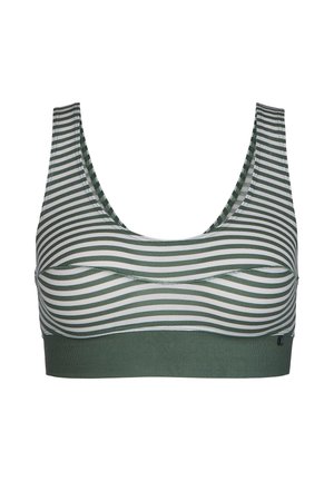 Striped bralette with a green base and white horizontal stripes, featuring a scoop neck and soft, stretchy fabric. No closures present.