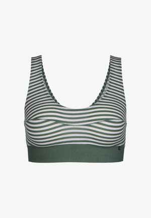 Pruhovaný bralet se zeleným základem a bílými horizontálními pruhy, s kulatým výstřihem a měkkou, elastickou tkaninou. Bez zapínání.