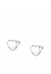 Orecchini a bottone a forma di cuore in argento sterling con finitura lucida e chiusura posteriore sicura. Superficie liscia e riflettente.