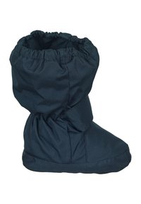 Dunkelblau, weiches Außenmaterial, geraffte Oberseite, lässiges Design, flache Sohle und gepolstert für Komfort. Geeignet für den Innenbereich oder leichten Außeneinsatz.