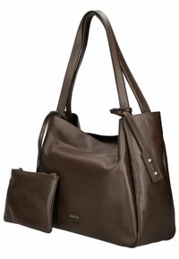 Borsa a mano in pelle marrone con superficie texturizzata, due manici robusti e una pochette con zip rimovibile. Presenta accenti hardware sottili.