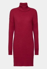 Robe col roulé rouge à côtes, manches longues, coupe ajustée et tissu texturé, arrivant au-dessus des genoux.