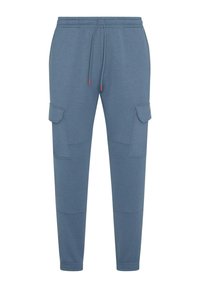 Joggers azzurri chiari realizzati in tessuto morbido, dotati di una vita elastica con cordoncino e due tasche cargo sui lati.