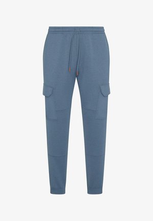 Helle blaue Jogginghosen aus weichem Stoff, mit einem elastischen Bund und Kordelzug sowie zwei Cargo-Taschen an den Seiten.