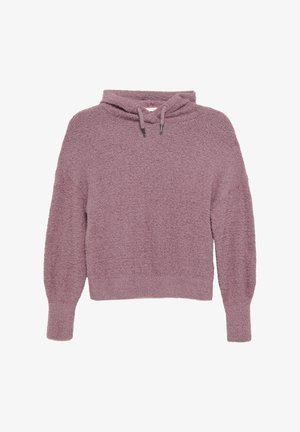 Pull à capuche lavande, doux et duveteux, avec une finition texturée, cordons de serrage et épaules tombantes, offrant une coupe décontractée.