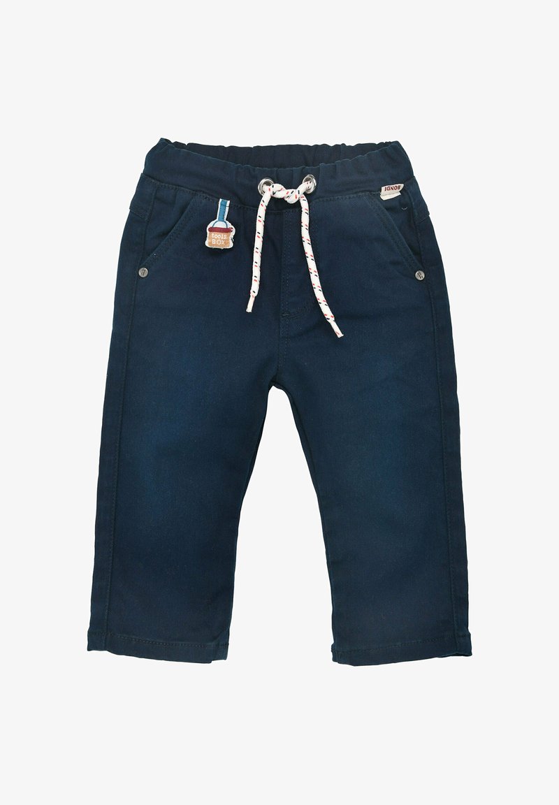 Marineblaue Jeanshose mit einem Kordelzugbund, Fronttaschen und einem dekorativen patch auf der linken Tasche.