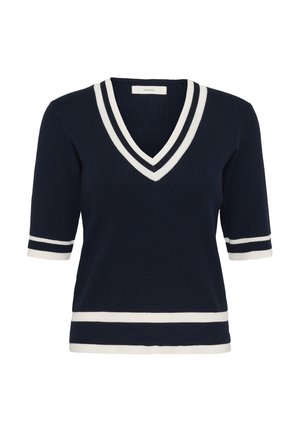 Laivastonsininen lyhythihainen neulepaita, jossa valkoiset kaksinkertaiset raidat V-kauluksella, hihojen resoreissa ja helmassa.