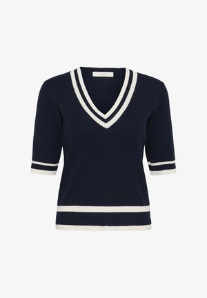 Laivastonsininen lyhythihainen neulepaita, jossa valkoiset kaksinkertaiset raidat V-kauluksella, hihojen resoreissa ja helmassa.