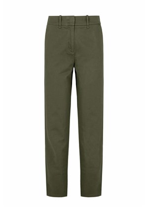 Olijfgroene rechte broek met lussen voor een riem en een verborgen knoop- en ritssluiting aan de voorkant.