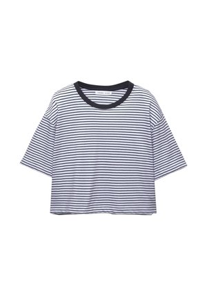 T-shirt cropped in cotone con righe orizzontali bianche e nere, scollatura tonda e maniche corte. Bordo nero attorno alla scollatura.