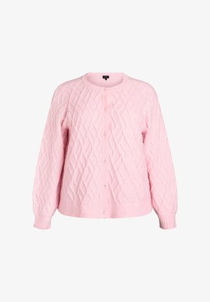 Ružičasti pleteni kardigan s dijamantnim kablovskim uzorkom, okruglim izrezom, dugim rukavima i zatvaranjem na biserne dugmadi. Mekana tekstura s rebrastim rubom.