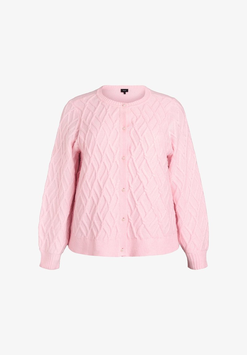 Rosa stickad kofta med ett diamantflätningsmönster, rund halsringning, lång ärm och pärlknäppningar. Mjuk textur med ribbad fåll.