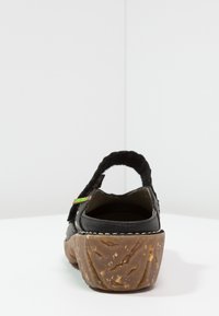 Zwarte leren schoen met een vilten band, stevige, gestructureerde zool en stikdetails. Voorzien van een klein kleurrijk label aan de zijkant.