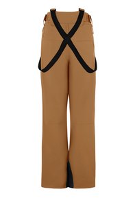 Bruine broek met een brede pijp en zwarte verstelbare banden die op de rug kruisen. Heeft een soepele textuur en enkelafwerking.