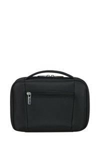 Sac utilitaire zippé noir en tissu durable, doté d'une poche avant avec une fermeture éclair argentée et d'une robuste poignée supérieure pour un transport facile.