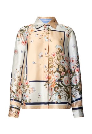 Blouse boutonnée à manches longues avec une base pêche pâle et crème, ornée d'impressions florales pastel et d'accents de bordure foncés.
