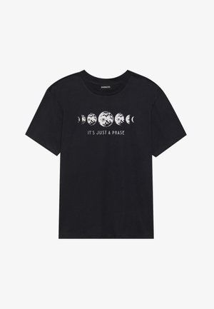 T-shirt en coton noir à manches courtes, avec un graphique des phases de la lune et le texte "CE N'EST QU'UNE PHASE" en blanc.