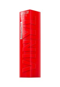 Maybelline Superstay Vinyl Ink dans un tube en plastique rouge brillant avec des lettres en relief pour le nom de la marque et les détails du produit.