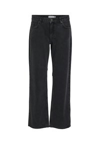 Jeans de mezclilla negros de pierna ancha con una cintura alta, que presentan un cierre frontal, diseño de cinco bolsillos y sutiles detalles de costura.