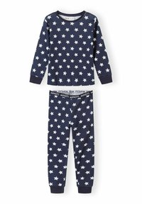 Pijamale din bumbac de culoare bleumarin, cu model de stele albe, având un maiou cu mânecă lungă și pantaloni tapered cu talie elastică.